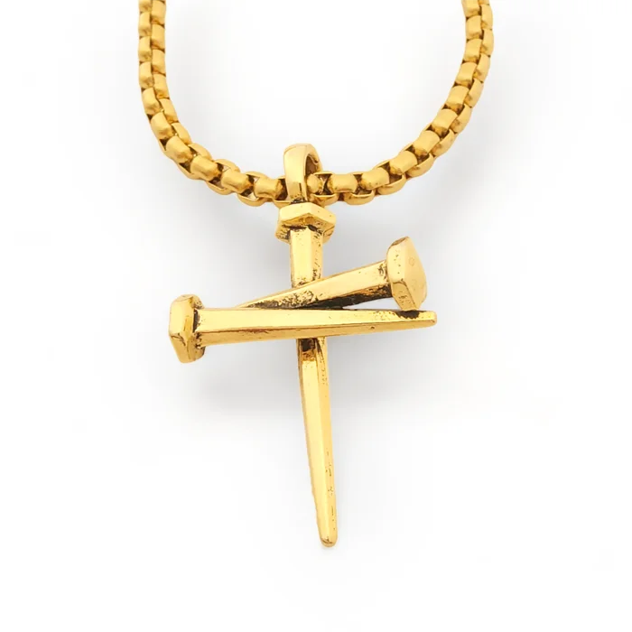 Custom Infinity Necklaces-Nail Cross Pendant Necklace Gold Finish Heavy Chain