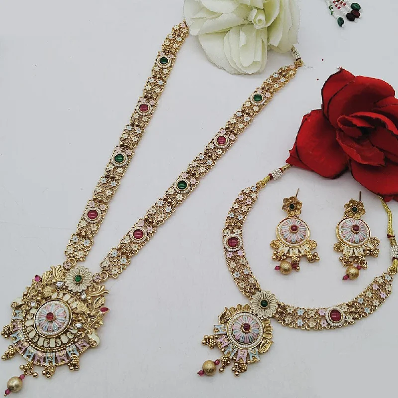 Simple Rose Gold Necklaces-FS Collection Gold Plated Pota Stone Double Meenakari Necklace Set