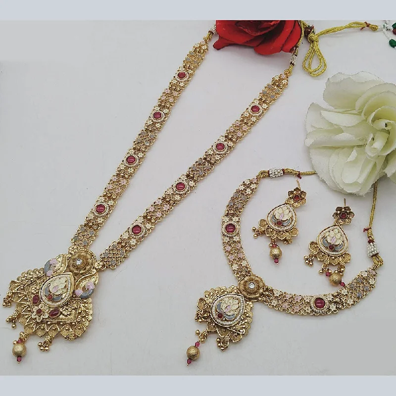 Minimalist Necklace Designs-FS Collection Gold Plated Pota Stone Double Meenakari Necklace Set