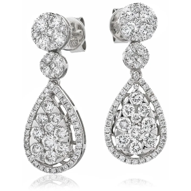 Elegant Drop Earrings for Weddings-DIAMOND CLUSTER DROP EARRINGS IN 18K WHITE GOLD