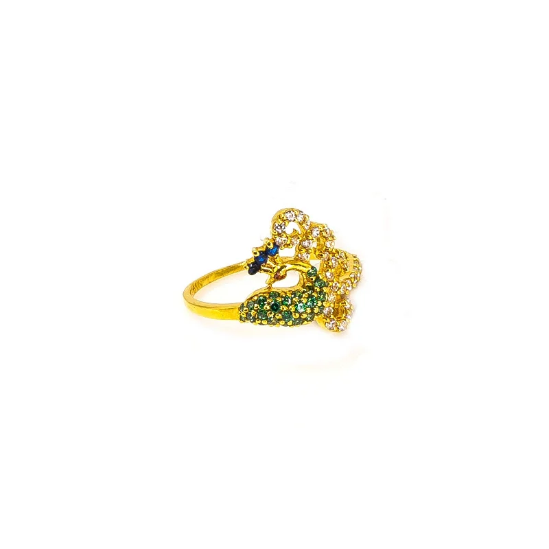 Custom Heart-Shaped Rings-22K Yellow Gold Peacock Ring W/ Blue Cubic Zirconia Crest & Side Swept Curled Train