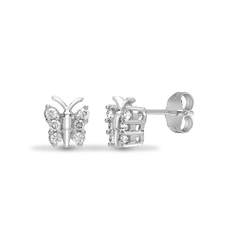 Bright Silver Earrings-DIAMOND BUTTERFLY STUD EARRINGS IN 9K WHITE GOLD