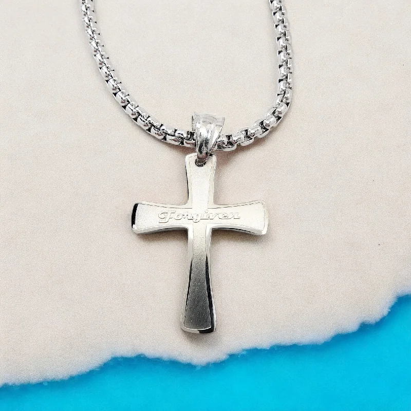 Custom Heart Shaped Necklaces-Cross Forgiven Stainless Steel Finish Heavy Chain Necklace