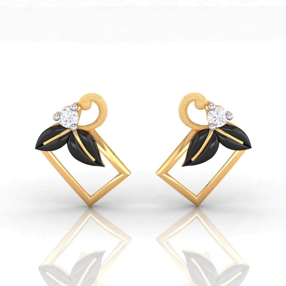 Designer Crystal Earrings-22k (916) Gold Earrings Square Floral Studs With Black Meena And Embedded Stones