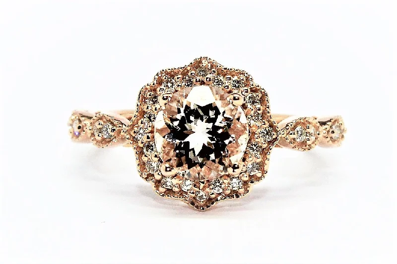 Birthstone Rings for Men-MORGANITE AND DIAMOND MILGRAIN HALO RING AD NO.1606