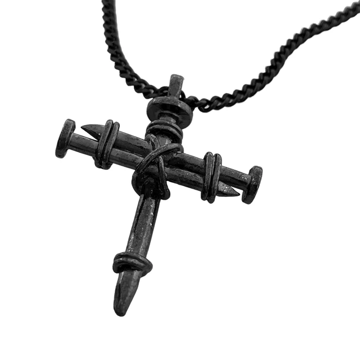 Gold and Diamond Necklaces-Nail Cross Pendant Gunmetal Color Finish Dark Chain Necklace