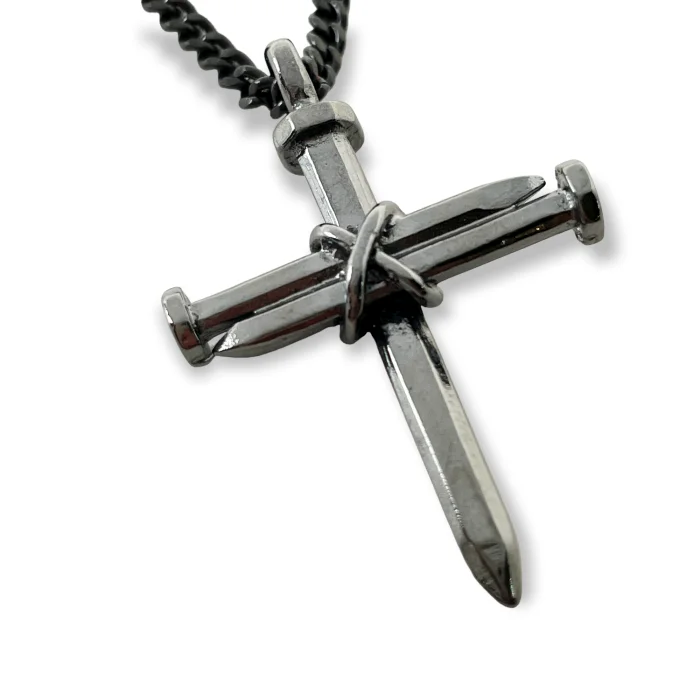 Green Turquoise Necklaces-Nail Cross Dark Metal Finish Pendant Dark Finish Chain Necklace