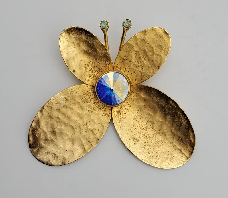 Custom Brooch with Colorful Crystals-Vintage Hammered Gold Tone Butterfly with Faceted Holographic Foil Brooch