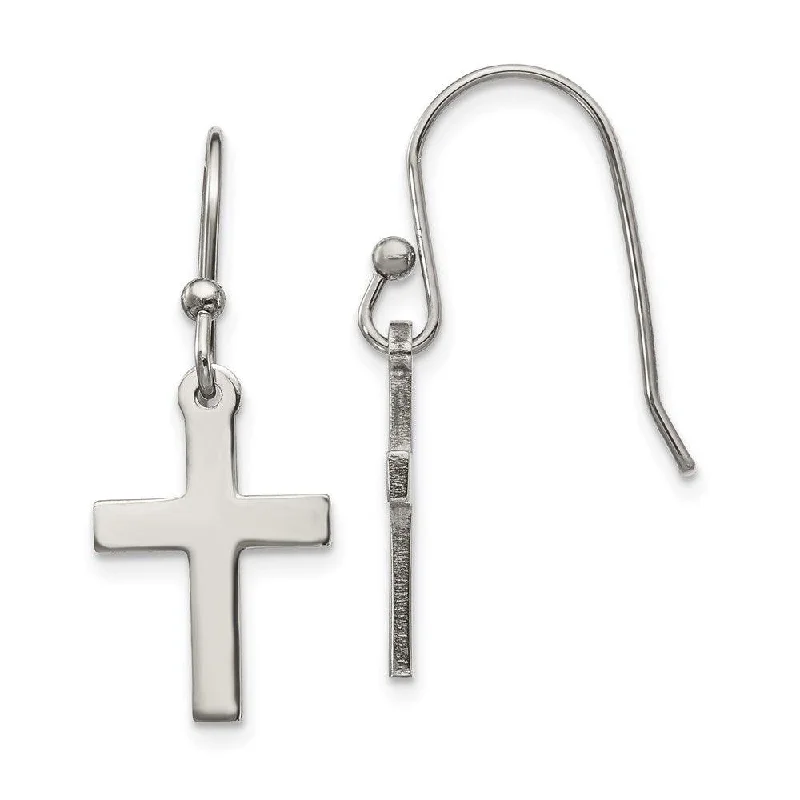 Large Statement Earrings-Stainless Steel Polished Cross Dangle Shepherd Hook Earrings