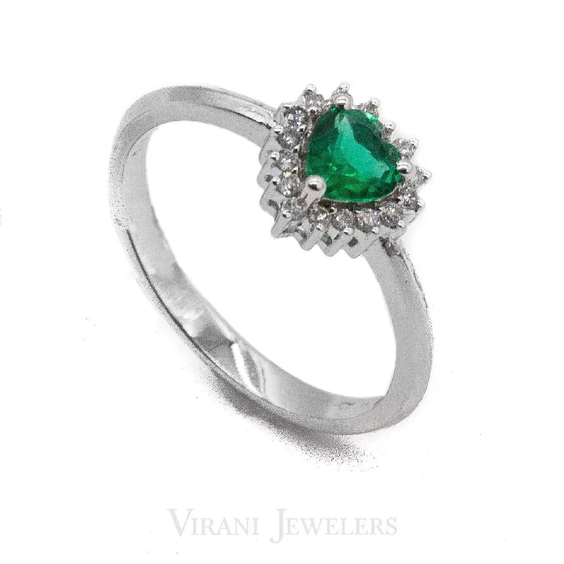 Blue Diamond Rings-Heart Shaped Emerald Ring in 14k White Gold W/ 0.11CT Diamonds