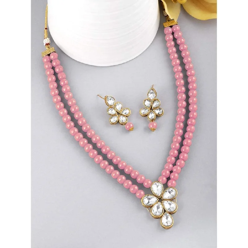 Natural Stone Necklaces-Etnico Gold Plated Traditional Kundan & Pearl Studded Necklace Jewellery Set For Women (ML311Pi)