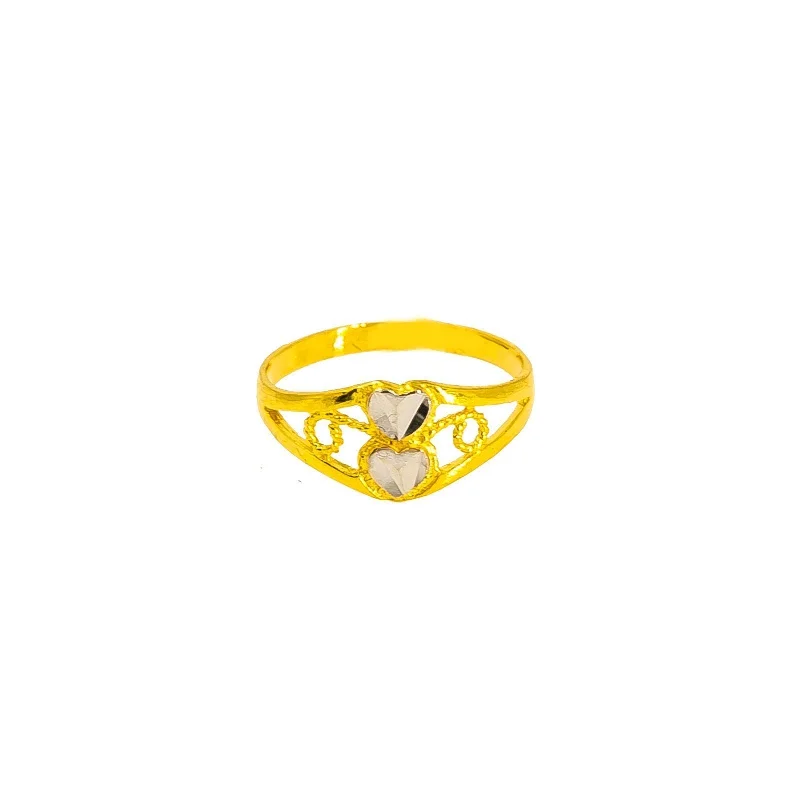 Blue Diamond Rings-22K Multi Tone Gold Baby Ring W/ Diamond Cutting & Open Double Heart Detail, Size 1