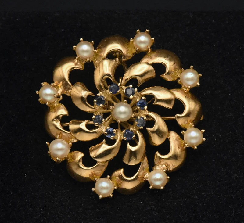 Luxury Gemstone Brooch with Pearls-Vintage Handcrafted 14K Gold, Sapphires, and Cultured Pearls Brooch/Pendant