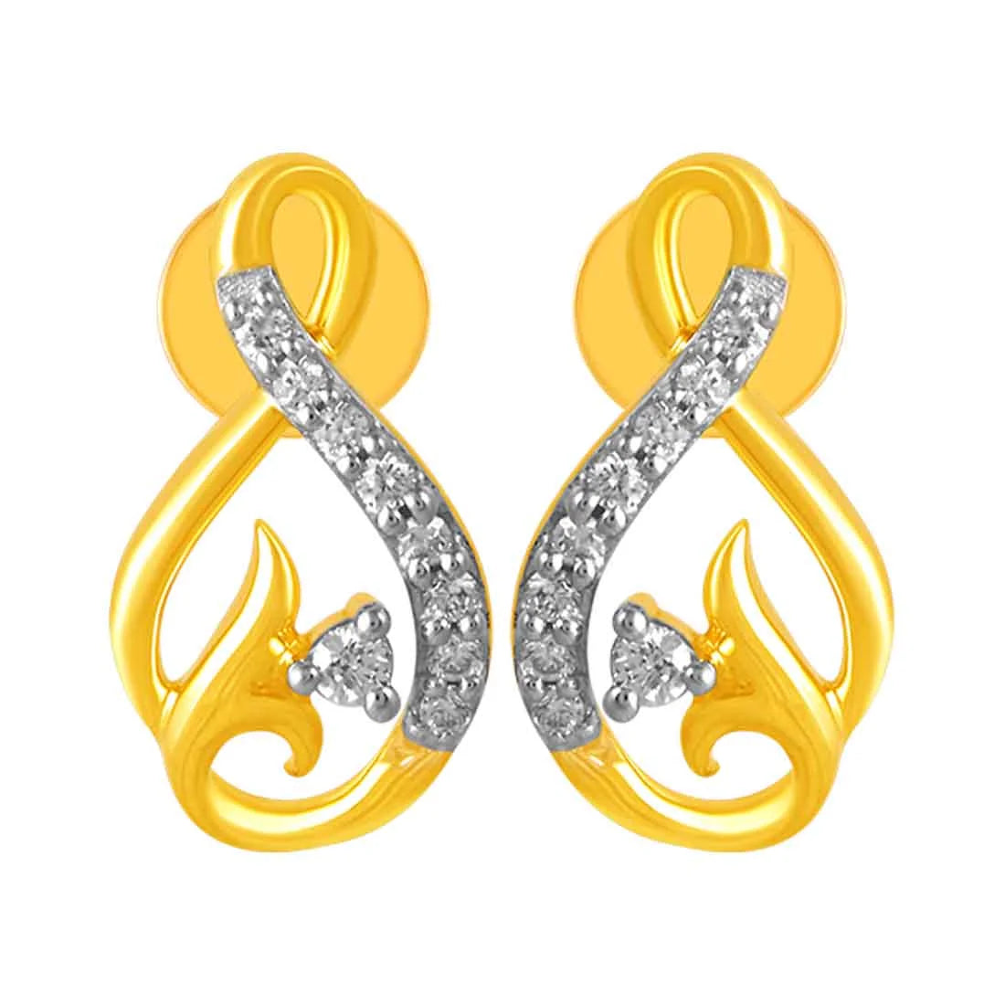 Colorful Dangle Earrings-14KT (585) Yellow Gold & Diamond Gorgeous Curved Structures Stud Earrings