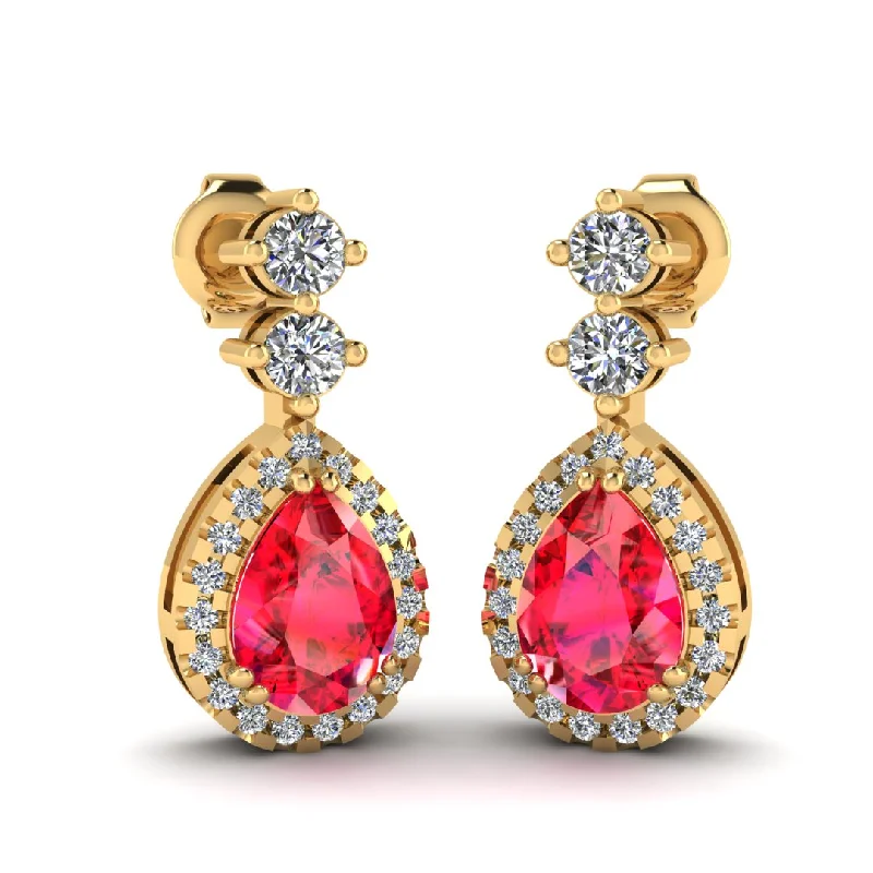 Summer Earrings for Women-Ruby 1.30 Carat Pear Shape Halo Natural Diamond Drop Earrings E1PSR