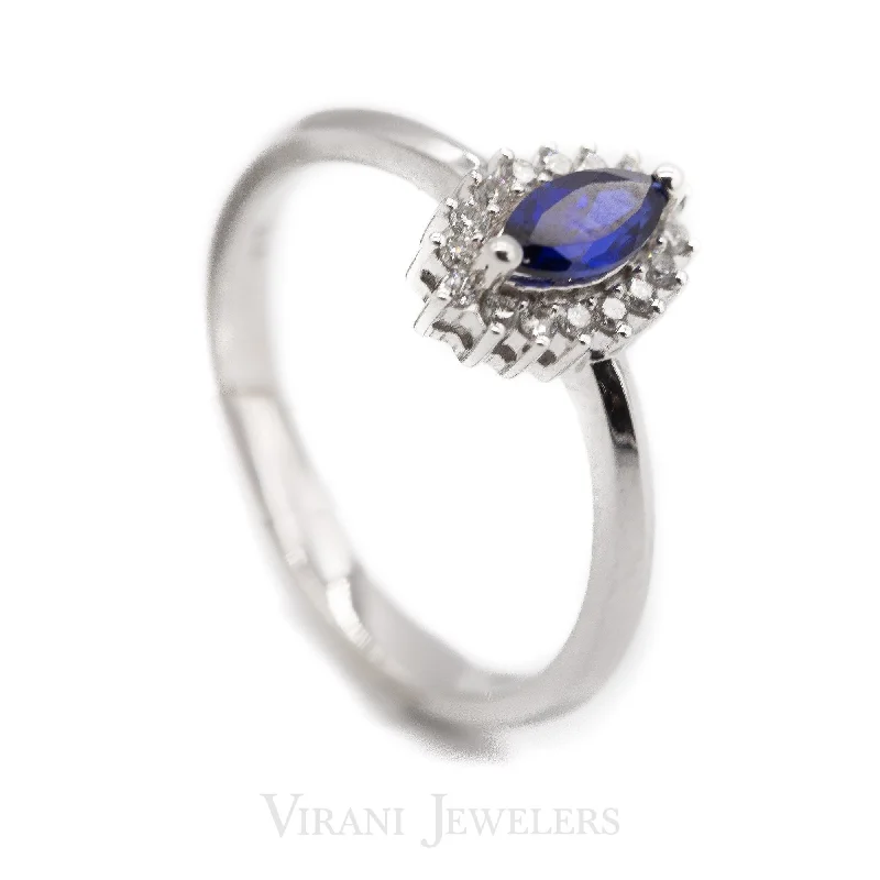 Vintage Silver Engagement Rings-Marquise Cut Sapphire Ring Set in 14K White Gold W/ 0.12CT Diamonds