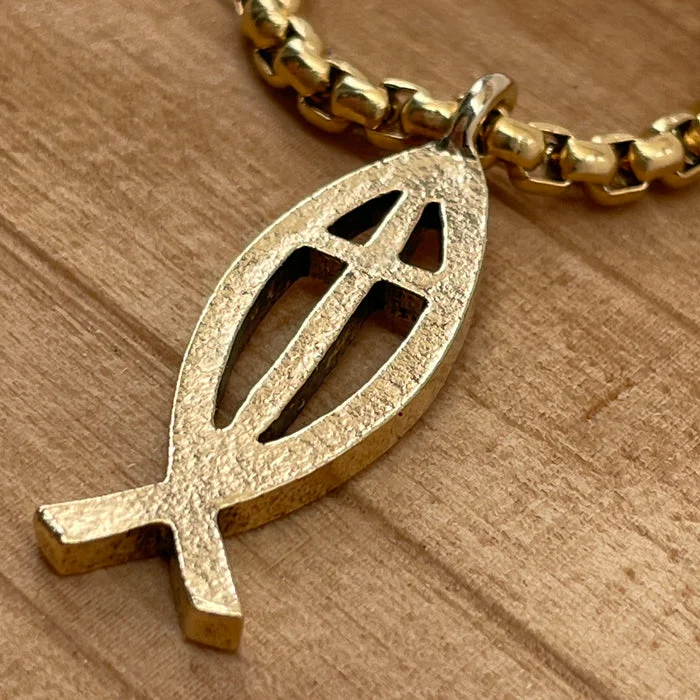 Long Silver Necklaces-Cross Ichthus Fish Gold Finish Pendant Gold Heavy Chain Necklace