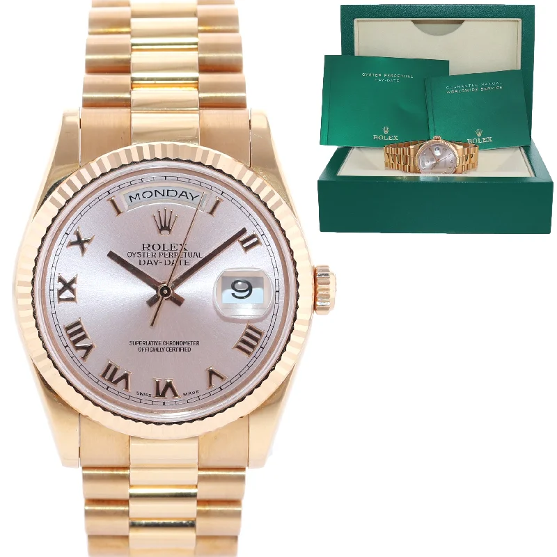 Elegant Gold Watches-Rolex President Day Date Rose Gold Pink Roman 118235 Modern Band Watch Box