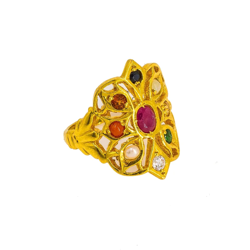 Stackable Rings for Women-22K Yellow Gold Navaratan Ring W/ Ruby, Emerald, Pearl, Sapphire & CZ Gems on Floral Frame