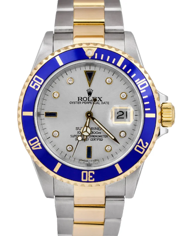 Water-Resistant Men’s Watches-Rolex Submariner Date Slate Serti Blue Two-Tone 18K Gold Stainless Watch 16613