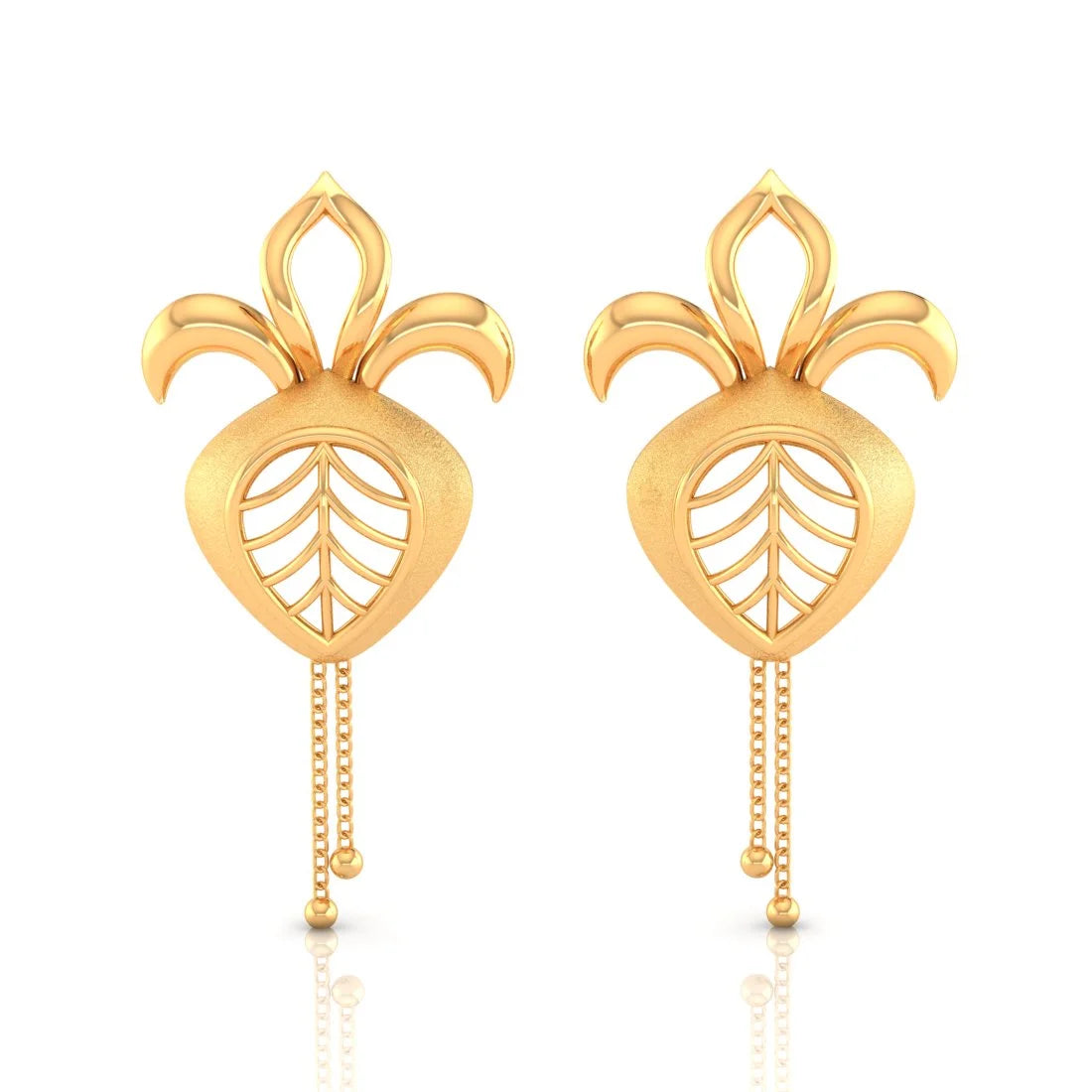 Gold Hoop Earrings for Women-22KT (916) Yellow Gold Leaf Drop Earrings With Chain Tassels