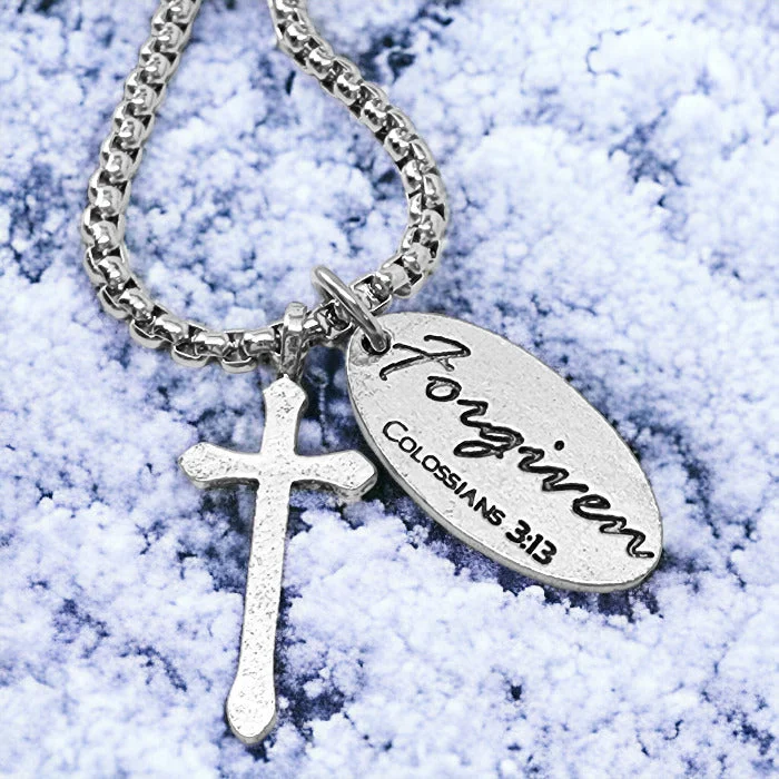 Simple Beaded Necklaces-Cross Antique Silver Metal Finish Forgiven Tag Heavy Box Chain Necklace