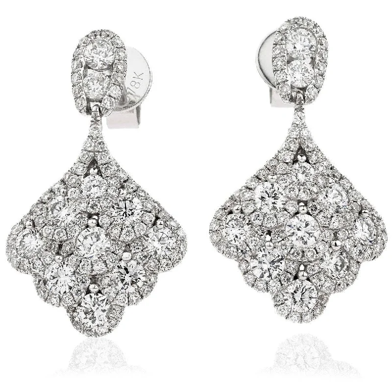 Artistic Drop Earrings-DIAMOND CLUSTER PEACOCK DROP EARRINGS IN 18K WHITE GOLD