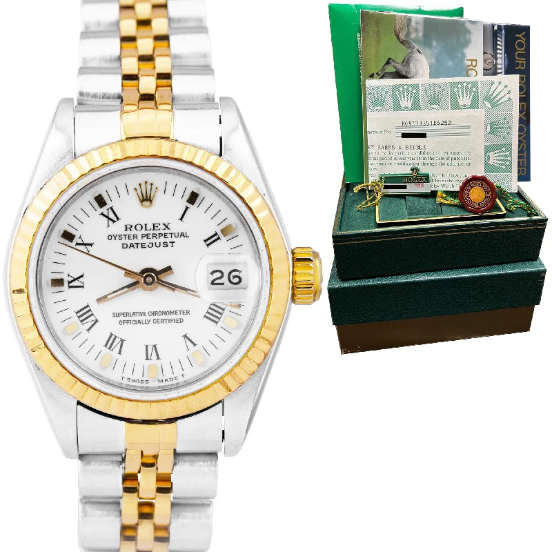 Sports Watches for Running-Ladies Rolex DateJust 26mm 18K Gold Two-Tone White Roman Jubilee Watch 69173 B+P