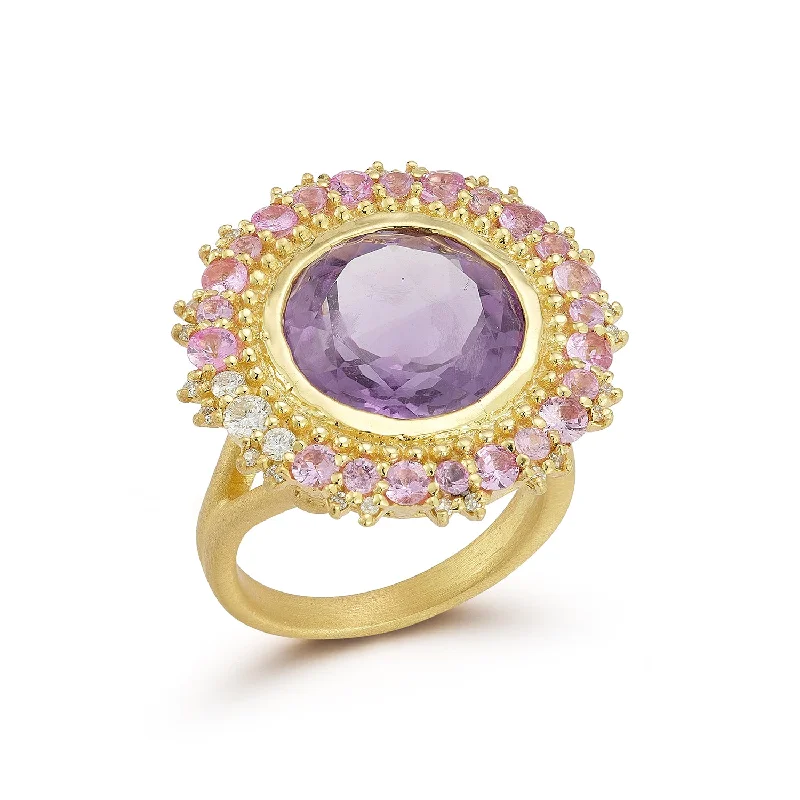 Oval Diamond Rings-Amethyst & Pink Sapphire Sunburst Ring