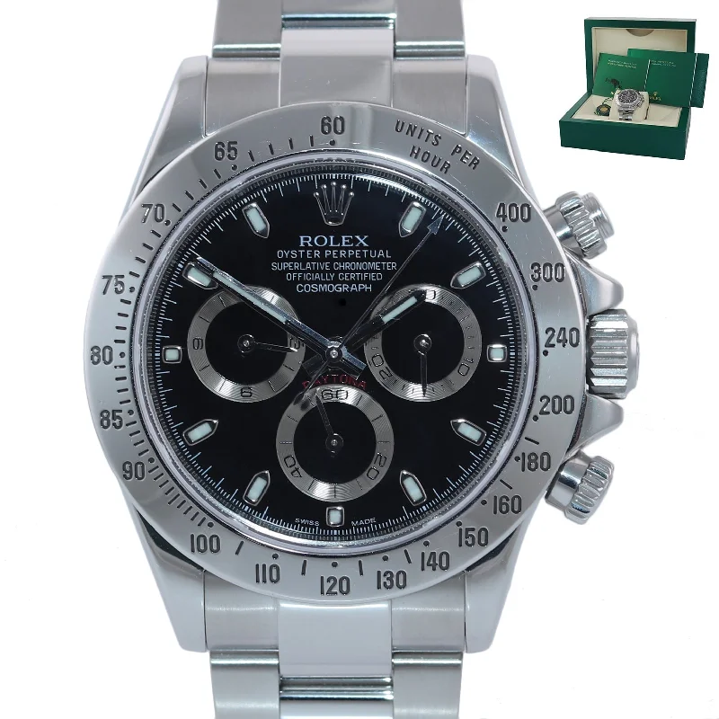 Designer Watches with Stainless Steel Straps-2007 Rolex Daytona 116520 Black Dial Chronograph Steel Watch Engraved Rehaut