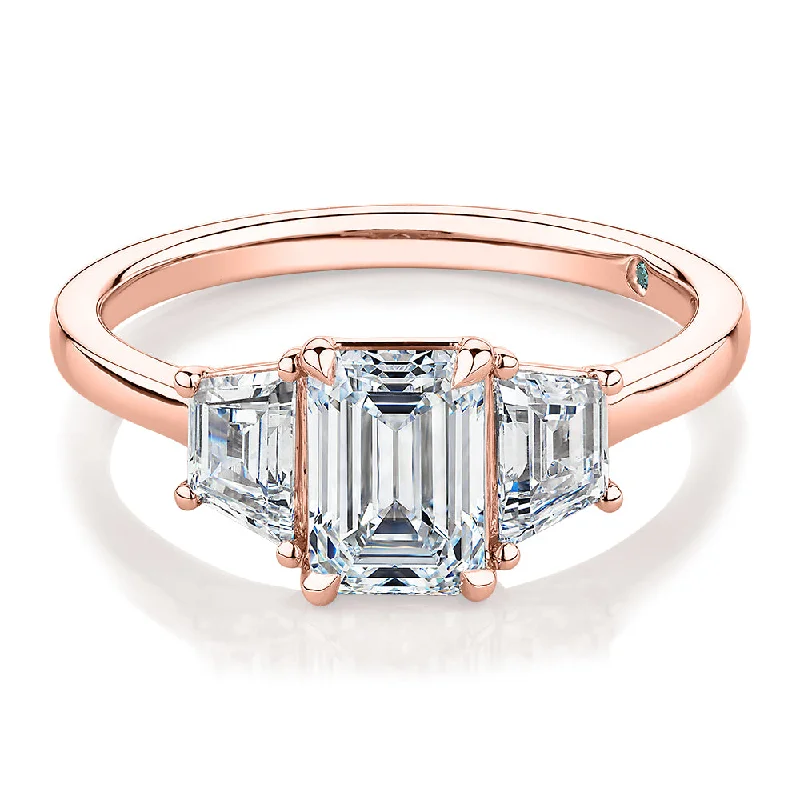 Large Statement Rings-Premium Certified Lab-Grown Diamond, 1.87 carat TW emerald cut three stone ring in 18 carat rose gold