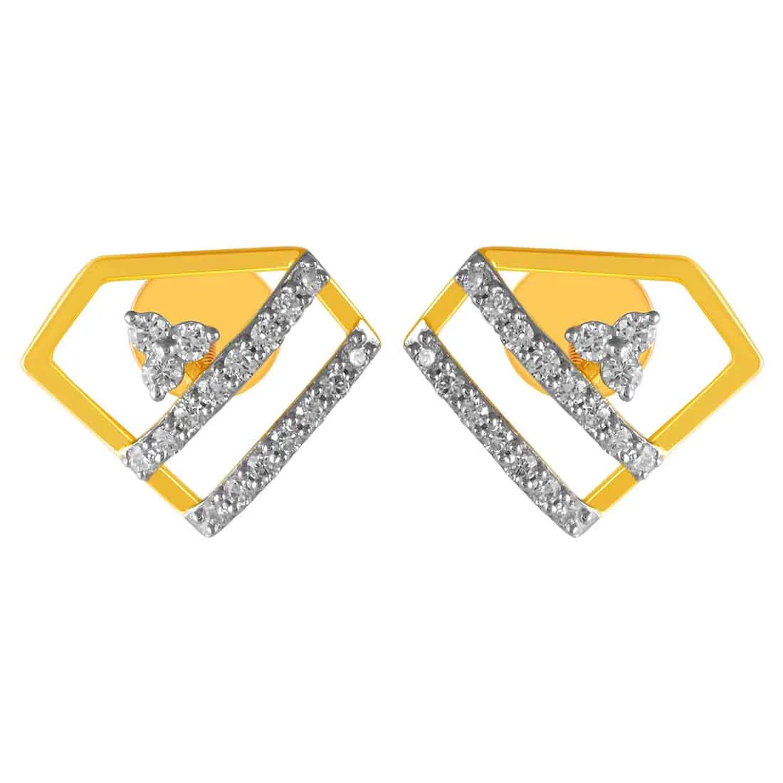 Unique Gold Earrings-14KT (585) Yellow Gold & Diamond Beautiful 3D Design Stud Earrings