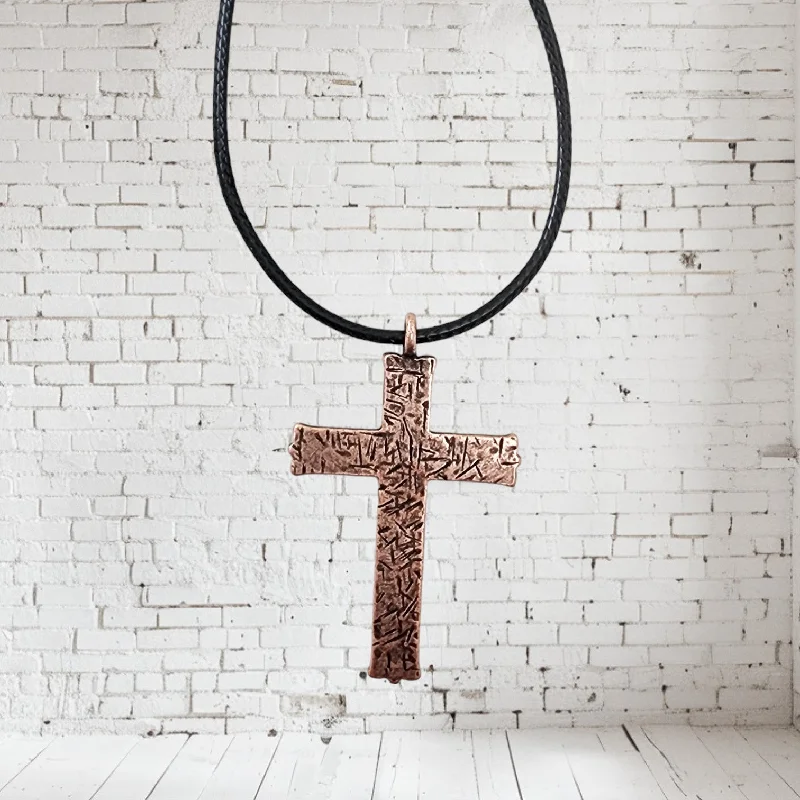 Classic Diamond Pendant Necklaces-Hammered Cross Antique Copper Metal Finish Black Cord Necklace