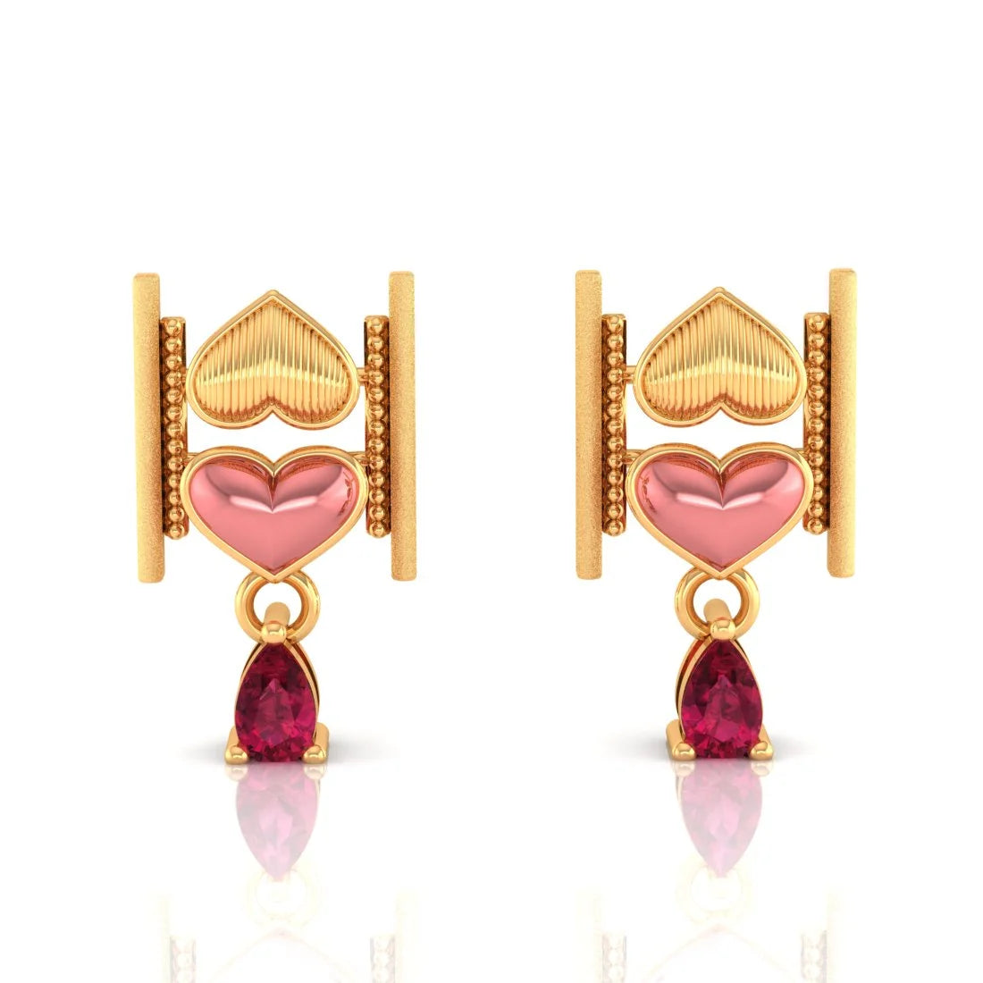 Bridal Jewelry Earrings-18k (750) Gold Earrings With Stacked Hearts Design And Stone Dangles