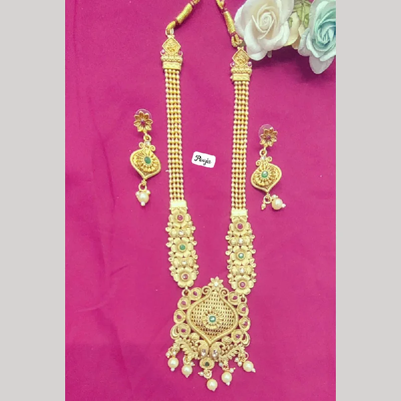 Classic Gold Pendant Necklaces-Pooja Bangles Gold Plated Pota Stone Long Necklace Set