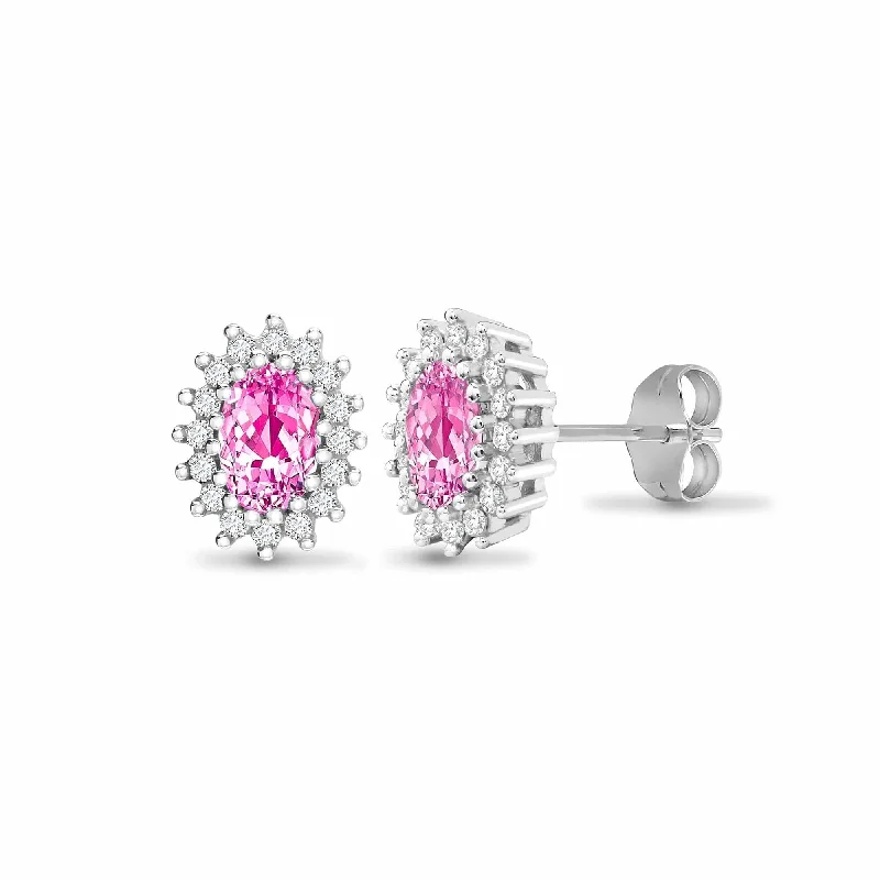 Handcrafted Gemstone Earrings-PINK SAPPHIRE HALO STUD EARRINGS IN 9K WHITE GOLD