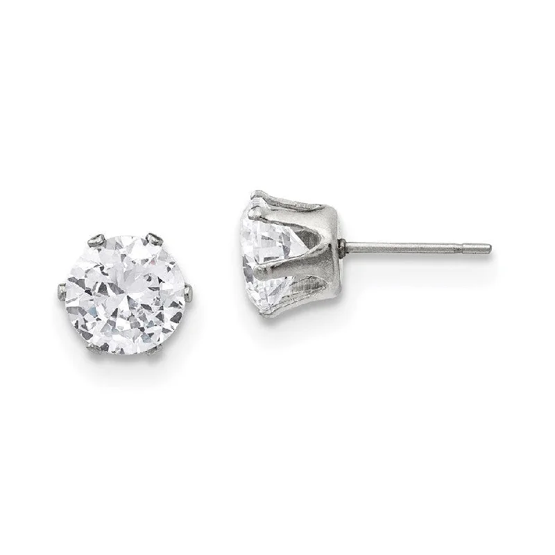 Silver Earring Cuffs-Stainless Steel Polished 8mm Round CZ Stud Post Earrings