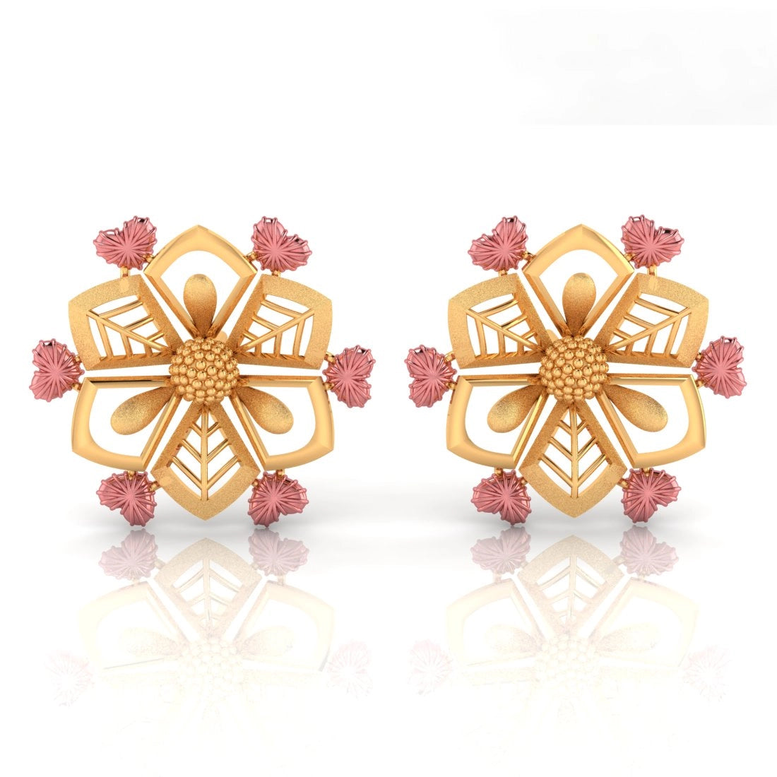 Bohemian Style Earrings-22KT (916) Yellow Gold Stud Earrings With Floral Design And Cut-out Pattern