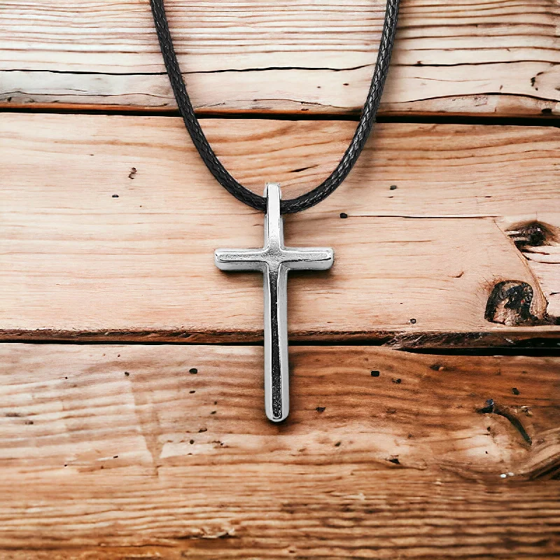 Natural Stone Necklaces-Cross Small Rhodium Silver Metal Finish Pendant Black Cord Necklace