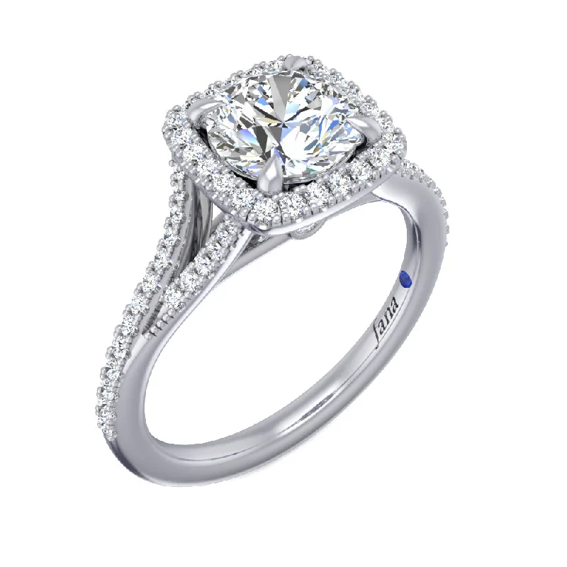 Custom Couples Rings-Fana Cushion Halo with Pave Split Band Engagement Ring