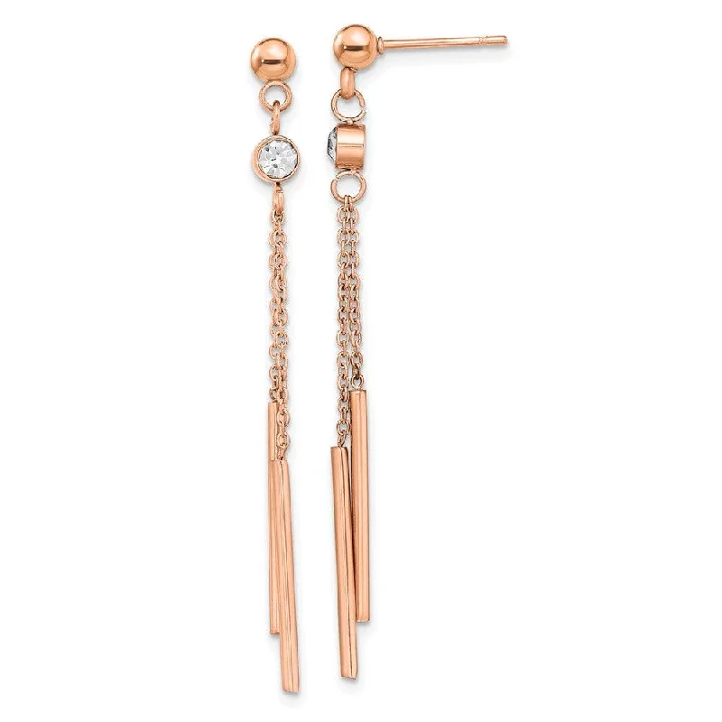 Unique Dangle Earrings-Stainless Steel Polished Rose IP-plated w/Crystal Bar Post Dangle Earrings