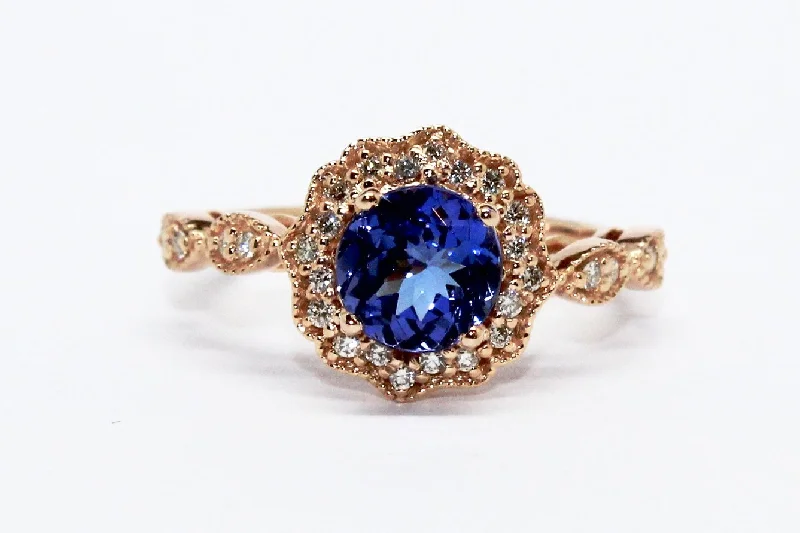 Stackable Engagement Rings-TANZANITE AND DIAMOND MILGRAIN HALO RING AD NO.1605