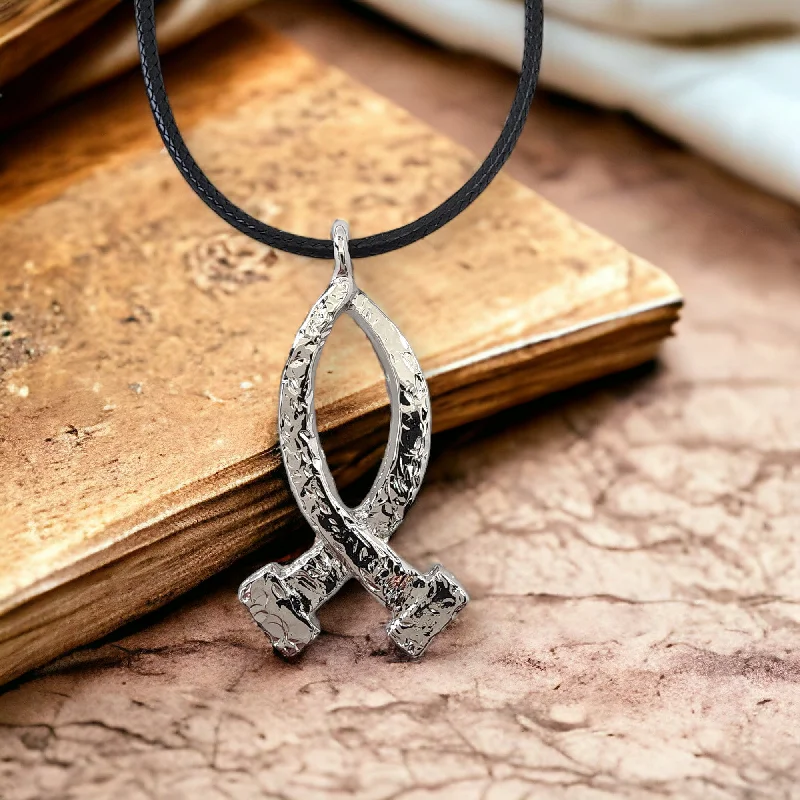 Designer Necklaces for Women-Ichthus Rhodium Finish Fish Hammered Nails Large Black Cord Necklace