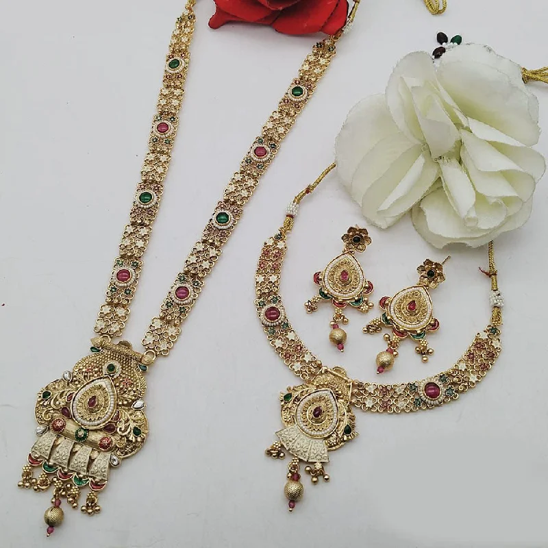 Modern Gold Necklaces-FS Collection Gold Plated Pota Stone Double Meenakari Necklace Set