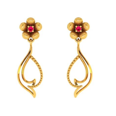 Layered Gold Earrings-Traditional Curvy Dangler With Floral Motifs 14k Gold Earrings