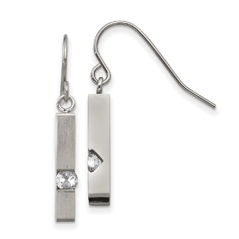 Crystal Drop Earrings-Stainless Steel Brushed and Polished with CZ Shepherd Hook Earrings