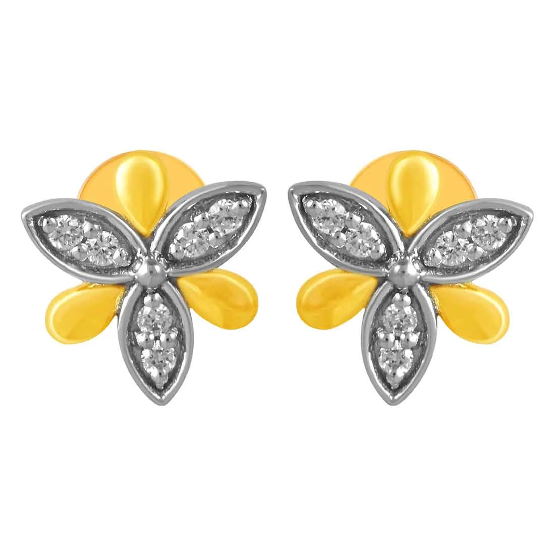 Colorful Stone Earrings-14KT (585) Yellow Gold & Diamond 6 Beautiful Petals Stud Earrings