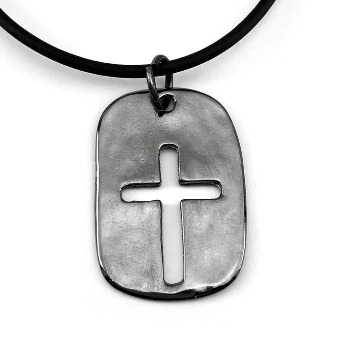 Long Diamond Necklaces-Cross Tag Gunmetal Finish Black Cord Necklace