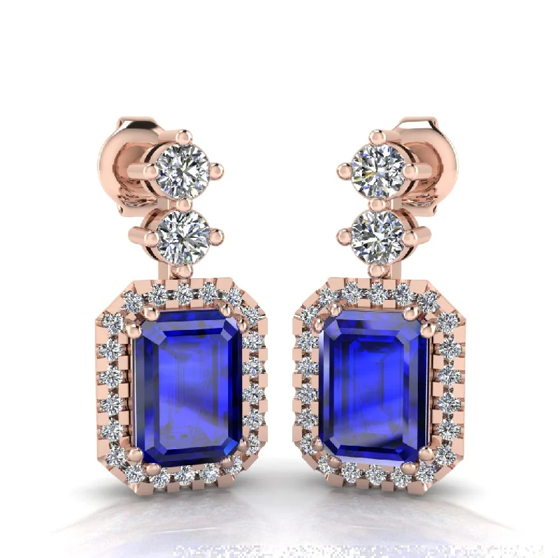 Sparkling Gem Earrings-Emerald Cut 1 Carat Sapphire Lab Grown Diamond Halo Drop Earrings E1ECS