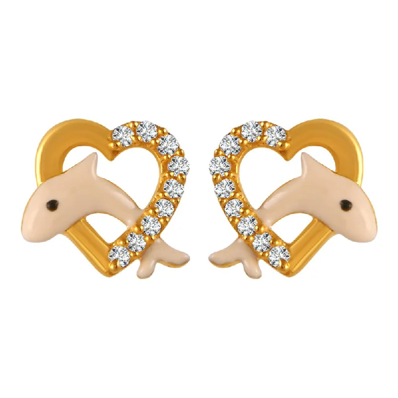 Stud Earrings for Women-22k Gold Earrings With Peach Dolphin Motifs In Stone-studded Hearts